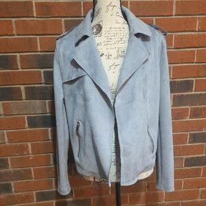 Light Blue Suede Women’s Jacket - Classic Open Collar Coat